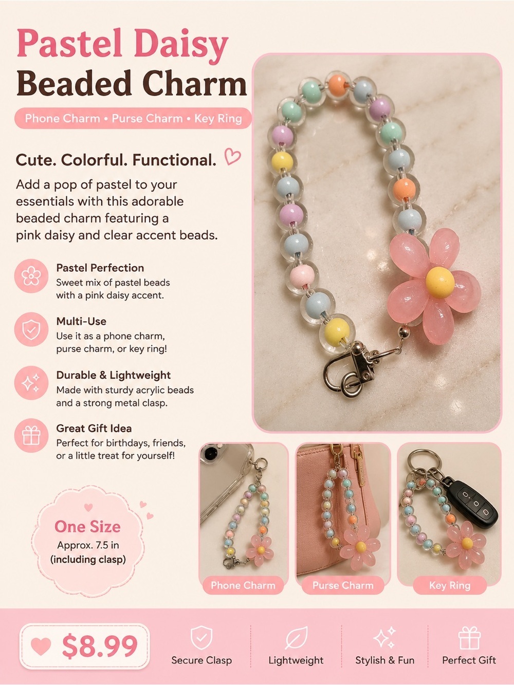 Pastel Daisy Beaded Charm Phone/Purse/Key Ring - Pink Daisy